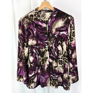 VIKKI VI Petite L PL Abstract Animal Print Button Up Shirt Stretch Purple Tan